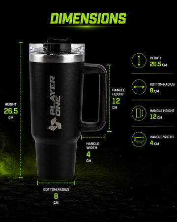 Black Player One insulated stainless steel tumbler with handle, clear spill-resistant lid, and metal straw.