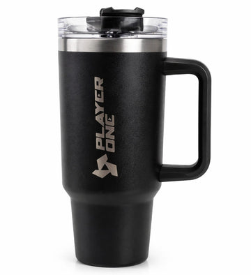 Player One black insulated stainless steel tumbler with handle and clear sipping lid