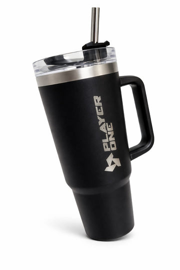 Side view of Player One black insulated stainless steel tumbler with handle